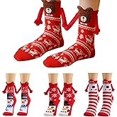 YIZRFU Christmas Hand in Hand Socks, 4Pcs Magnetic Holding Hands Socks Funny Mid Tube Socks Christmas Family Socks for Adult Kid Xmas Gifts