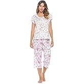 Casual Nights Women's Sleepwear Floral Top & Capri Pants Pajama Set Shirt with Printed Bottom Pjs
