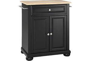 Crosley Furniture Alexandria Wood Top Small Portable Rolling Kitchen Island Storage Cart, Microwave Stand, Black