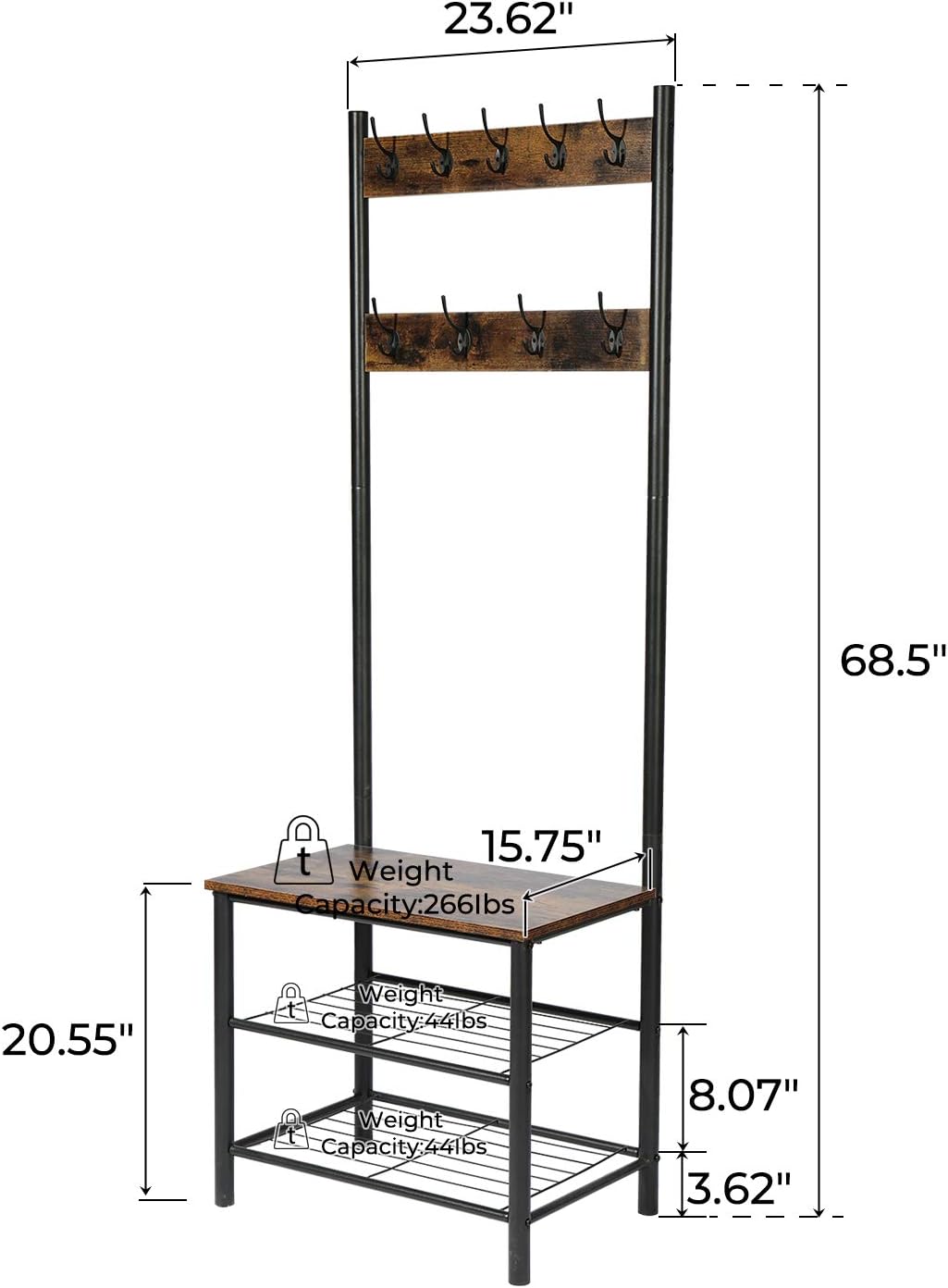 CHADIOR, Shoe Bench, Industrial Hall Tree, Entryway Storage Shelf Stand with Hooks, Wood Look Accent Furniture, 3-in-1 Design Easy Assembly Coat Racks, Neutral: Furniture & Decor