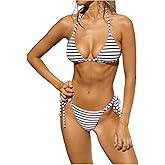 SOLY HUX Women's Striped Print Bikini Set Halter Swimsuit High Cut String Bathing Suits Vacation Outfits