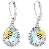 Twoowl Dragonfly/Butterfly/Hummingbird/Bee Leverback Earrings 925 Sterling Silver Hypoallergenic Moonstone Dangle Drop Earrings Animal Jewelry Gifts for Women Girlfriends Birthday