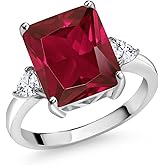 Gem Stone King 6.02 Cttw Red Created Ruby and White Moissanite 3 Stone Ring For Women | 925 Silver | Emerald Cut 12X10MM | Trillion 3.5MM | 3 Stone Wedding Engagement Anniversary Ring