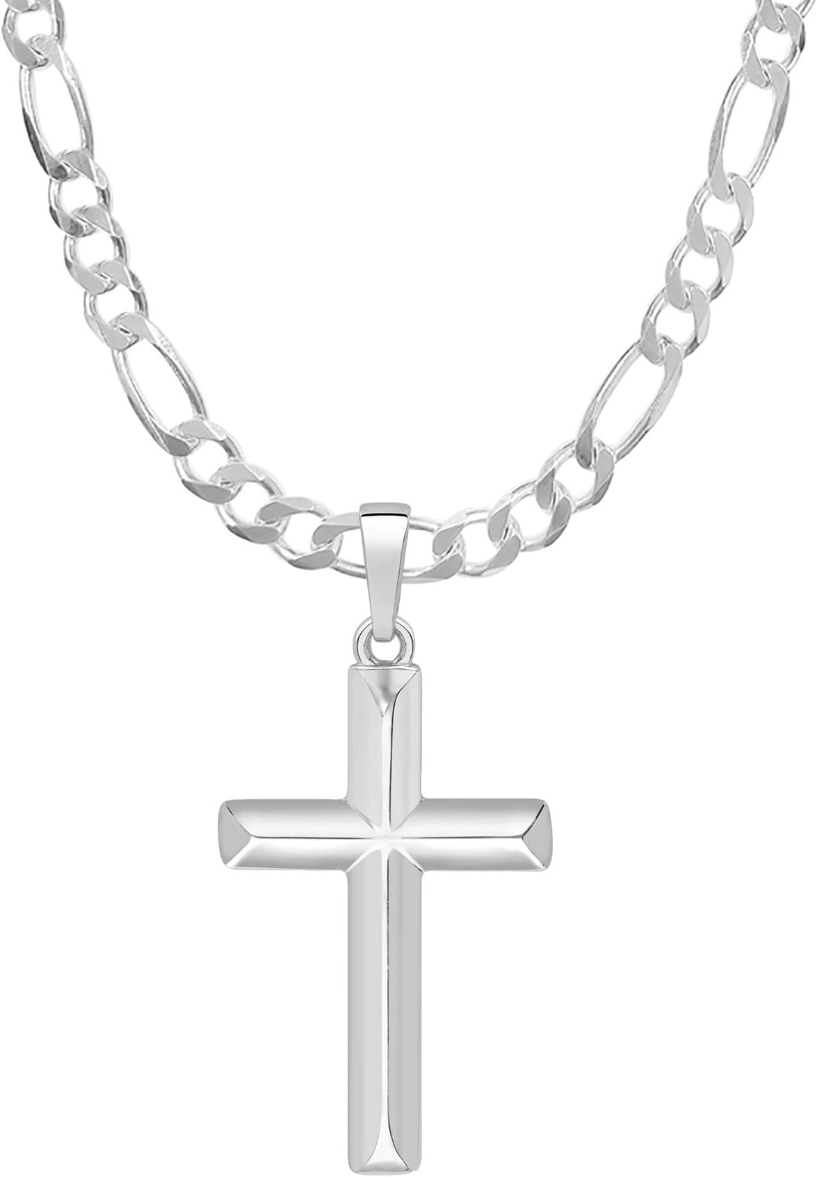 Mens Sterling Silver Cross Pendant Italian Figaro Chain Necklace
