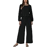 Dorwon Womens Boho 2-Piece Smocked Lounge Set Long Sleeve Ruffle Top Wide Leg Pants