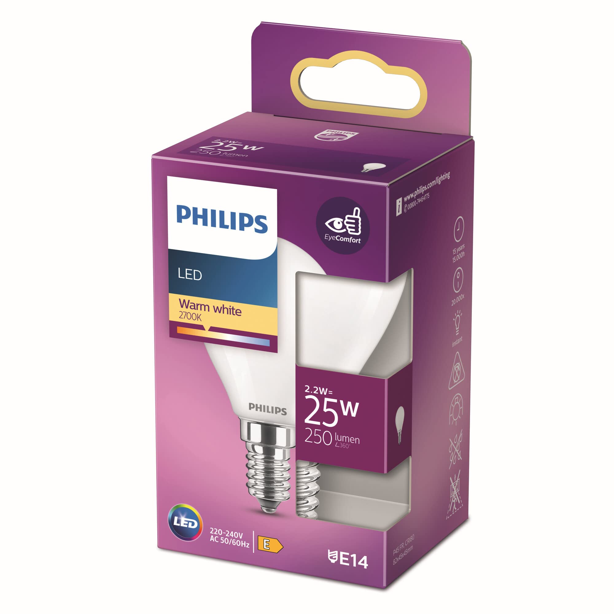 Philips LED Premium Classic P45 Lustre Light Bulb [E14 Small Edison Screw] 2.2W - 25W Equivalent, Warm White (2700K), Non Dimmable