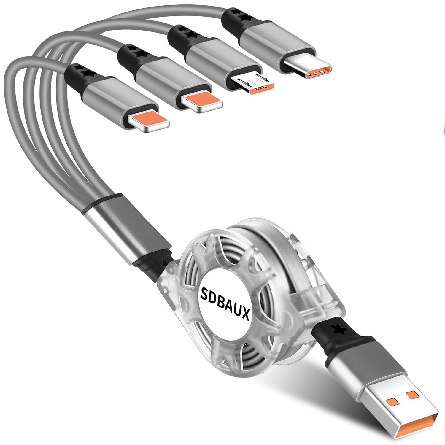 SDBAUX Multi Charger Cable 4 in 1 3A 1M, Universal Retractable USB Fast Charging Splitter Cord with 2iP Micro USB Type C Connectors, for iOS Phone, Android Galaxy, LG, Moto, Huawei, Xiaomi, Sony, PS4