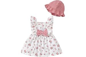 LUJENGEFA Baby Summer Outfits Clothes Casual Cotton Linen Bow Sundress Infant Dresses with Hat for Girls