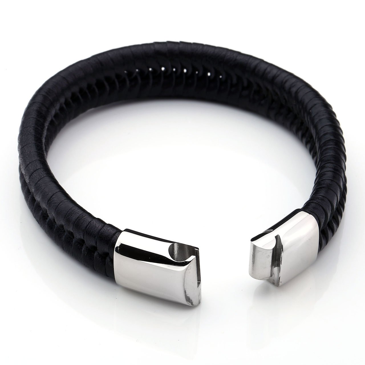 PiercingJ - Bijoux Bracelet Leather Cuir Veritable Tresse Croise avec Fermoir Acier Inoxydable Lien Poignet Manchette Biker Motard Chaine de Main Femme Homme - Noir