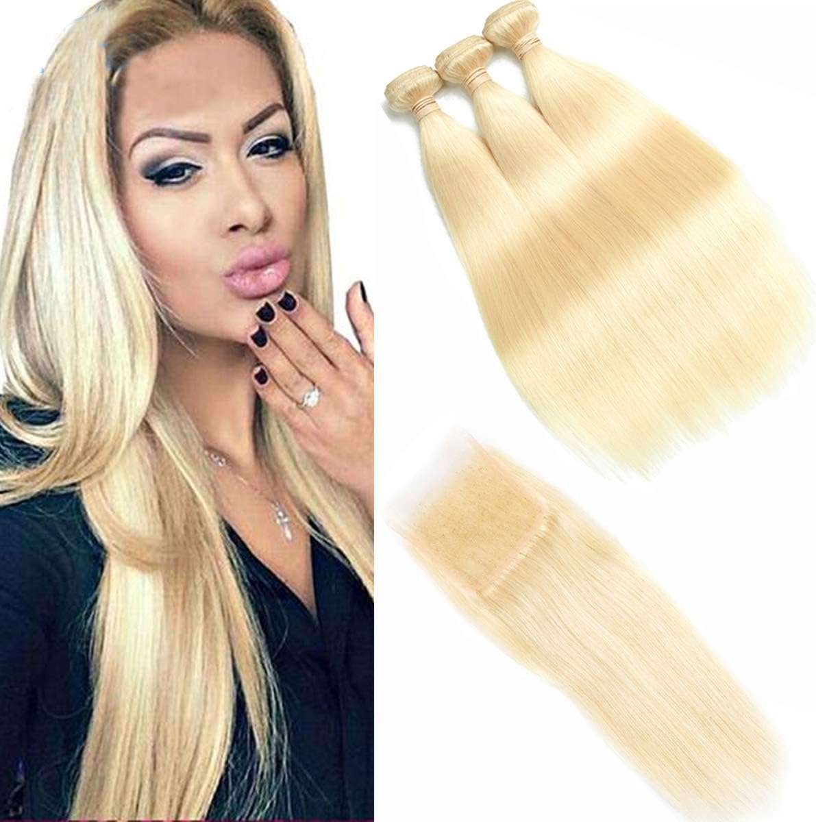 Beauhair 613 Blonde Straight Virgin Hair (12 14 16 with 10 Closure) 3 Bundles with 4x4 Lace Closure Free Part 8A Honey Brazilian Hair Human Remy Hair Extensions 100% Unprocessed Virgin Human Hair