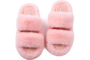 FamilyFairy Women's Fuzzy Slippers Two Band Soft Plush Open Toe House Shoes Memory Foam Fluffy Faux Fur Slide with Anti-Skid 