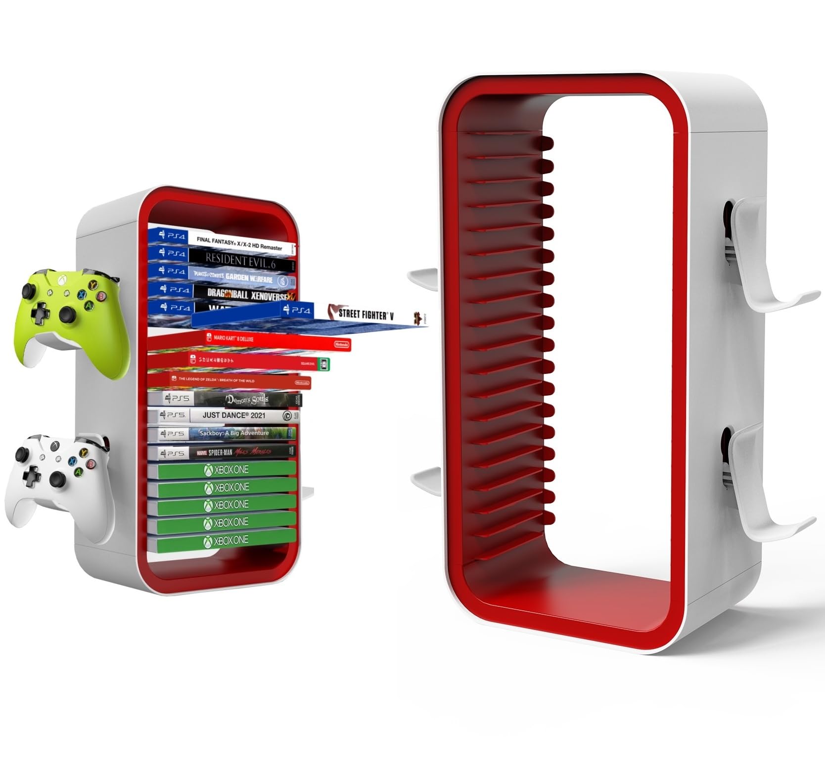 wigmoa Game Storage Tower【15.8INCH】 Compatible with PS5/ Xbox Series S & X/Switch, Universal Video Games Discs Organizers 18 PCS with 4 Controllers Holder, Game Disk Rack Shelf. OYO-1 (White/Red)