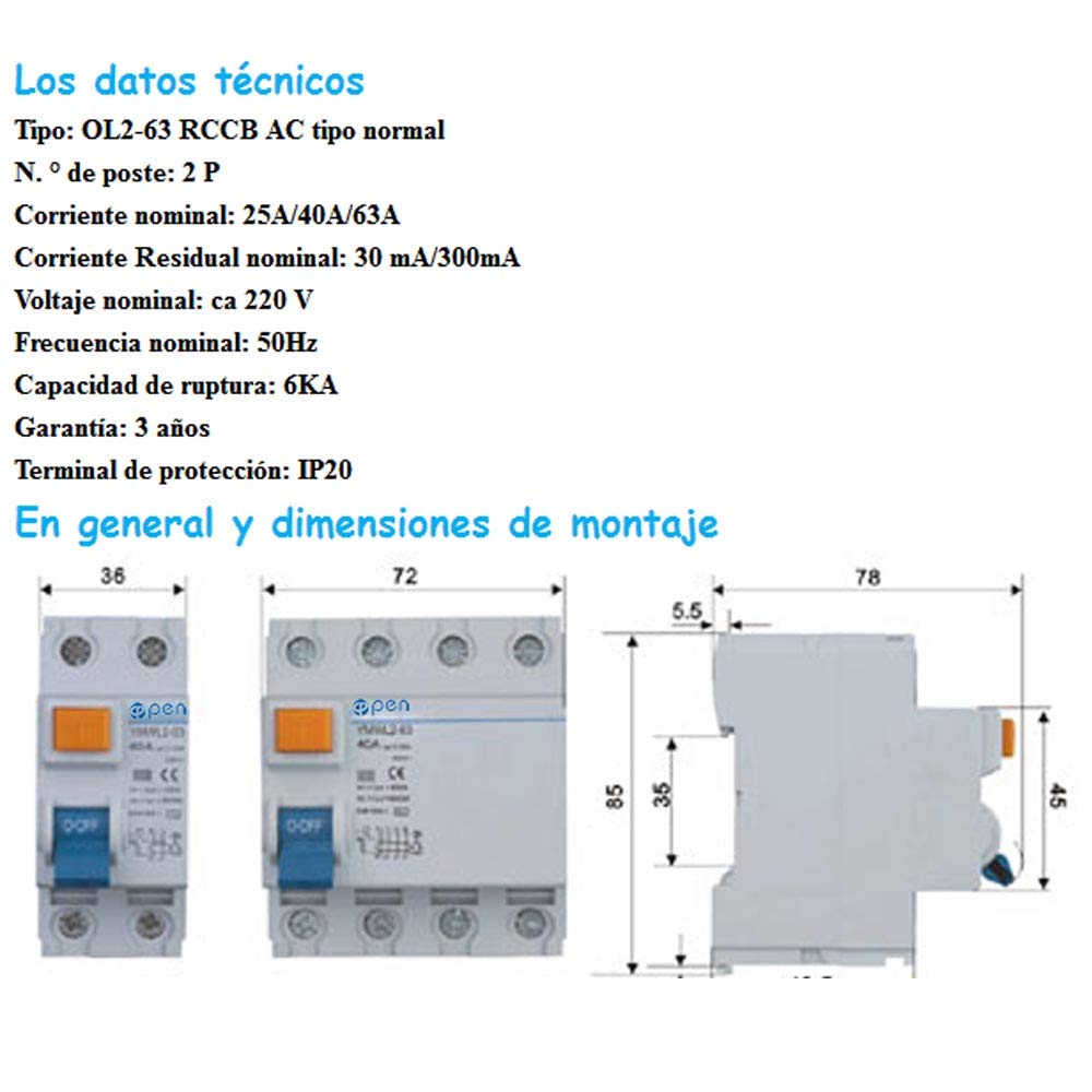 Disjoncteur à courant résiduel BL1E-63 32A 1p N RCCB 230V 30mA