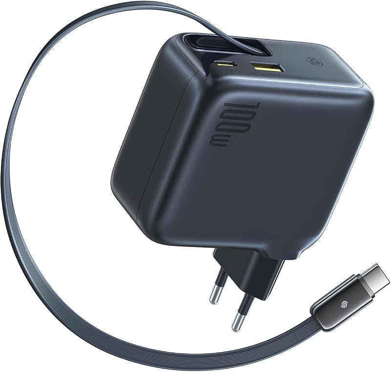 Enercore Caricatore USB C Da 100 W Con Cavo Estraibile, 3 Porte GaN, Caricatore Rapido PD Compatibile Con MacBook Pro Air, Dell, HP, iPad, iPhone 17/16/15/14 Pro Max Plus, Galaxy S25-S20 Ultra