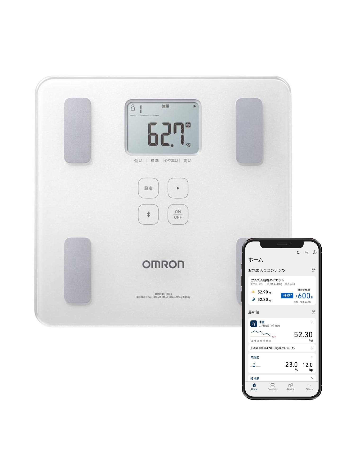 オムロン 体重 体組成計 HBF-230T-SW スマホ連動 体脂肪率 BMI 骨格筋率 OMRON connect対応 自動認識 シャイニーホワイト商品画像