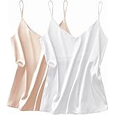 Ekouaer Satin Tank Tops for Women Silk Camisole Tops 2 Pack V Neck Spaghetti Strap Blouse Soft Dressy Camisole