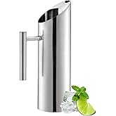 53oz/1.5L Stainless Steel Water Pitcher, Modern Metal Kettle with Ice Guard, Silver Carafe Drink Pitcher with Handle, Straight Bottle Beverage Container for Iced/Hot Tea, Juice, Coffee, Milk