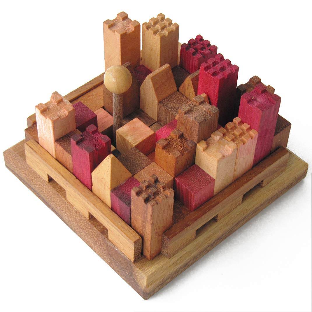 CITY Solid Wood Brainteaser Set - Eco-responsible, CE Certified for Ages 10 and Up. Difficulty 5/6, Brand Le Délirant®, Great Replayability: 13 Different Cities to Build Illustrated solution included.