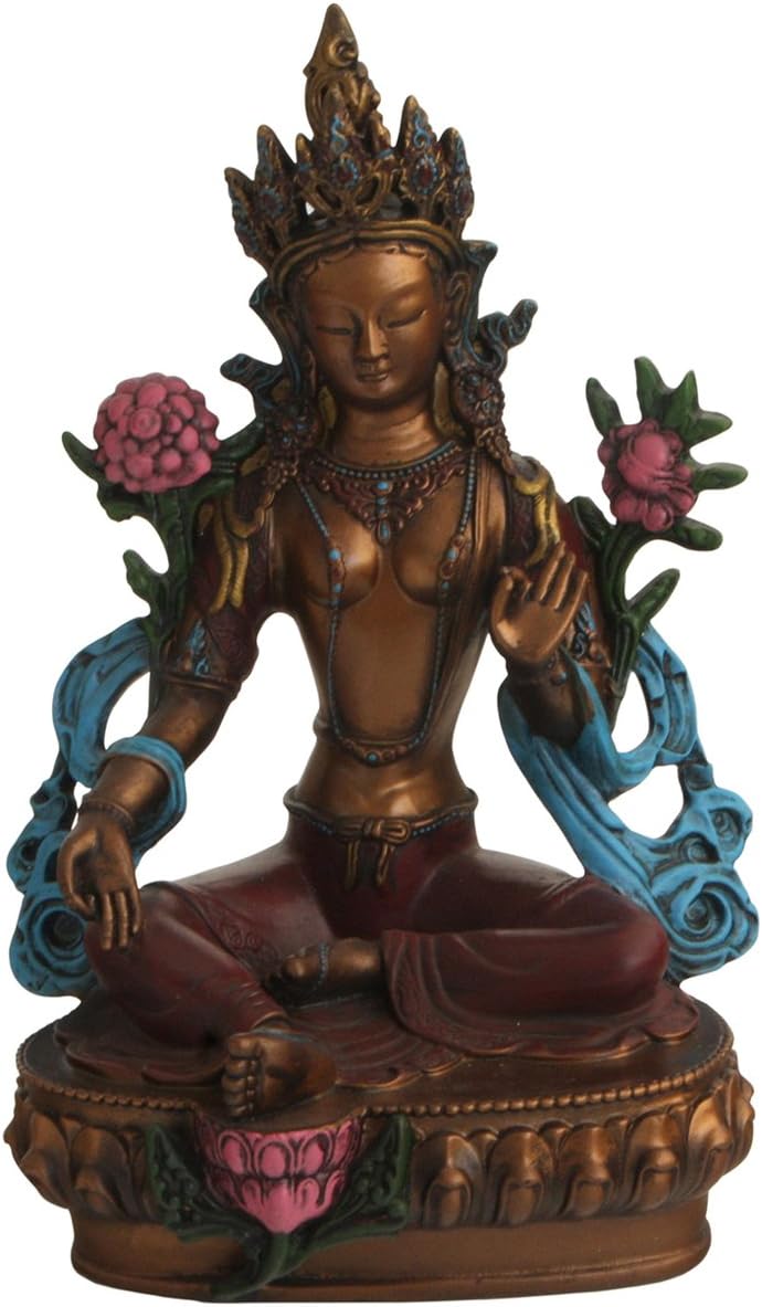 Ancient Treasures Green Tara Statue, Bronze and Multicolor Finish, 11.5 Inches