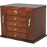 WANLECY Large Wooden Jewelry Box with Mirror and Lock, 5 Layers Locking Jewelry Organizer, Watches Necklace Ring Storage Box for Women