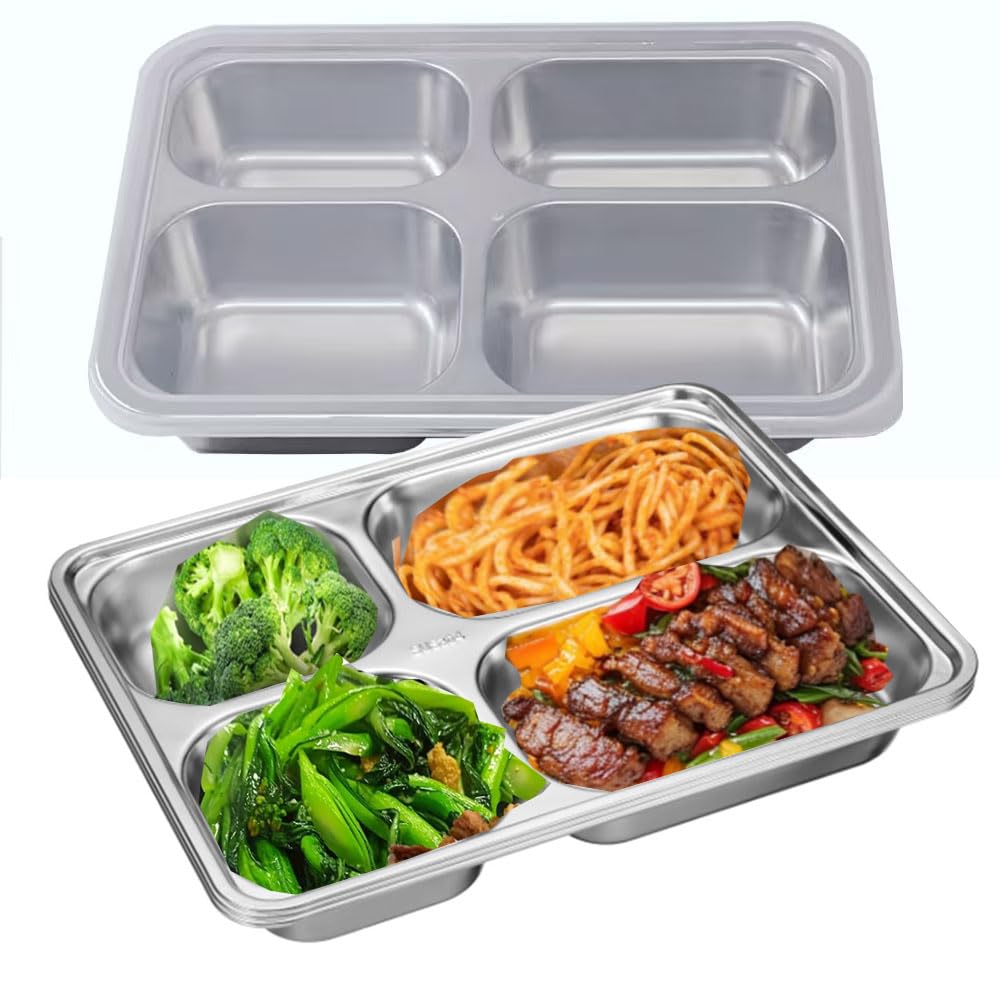 Photo 1 of 2Pack Stainless Steel Divided Plates Tray with Lids - 4 Section,Picnic Plates Non Toxic Serving Platter, Dinner Snack, Camping Dishes Picky Eaters and Portion Control (Silver)