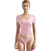 SUUKSESS Women Double Lined Fitted Basic Tee Sexy V Neck Short Sleeve Y2K Crop Top