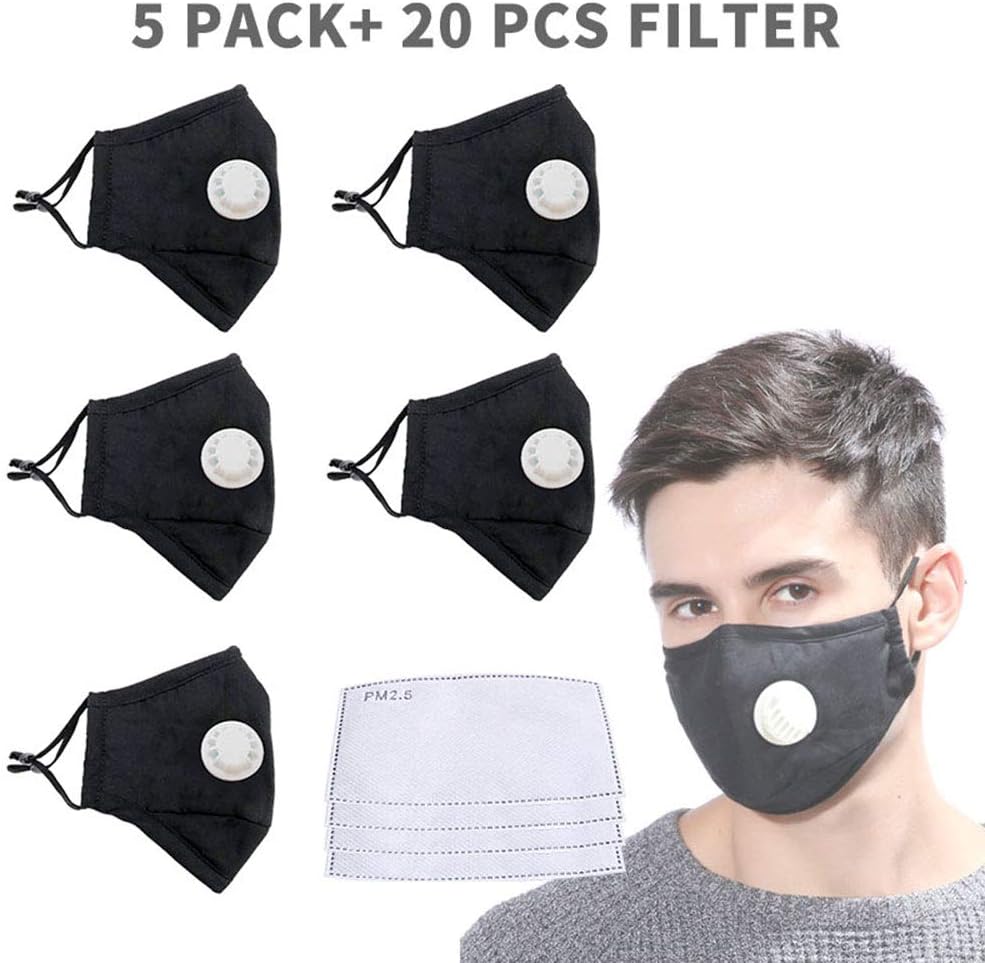 Bangni Reusable Face Mássk with Filters Breather Valve for Adults w/4Replacement Filters,Dustproof 口罩 Windproof PM2.5 Cotton Masque Mouth Protection for Germs Virüs Coronávirùs Flü (black 5PC)