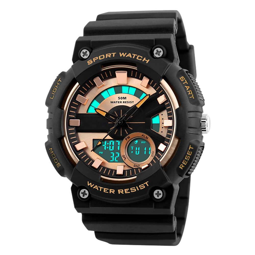 FeiWen Outdoor Military Sports Digital Watches for Men 50M Waterproof LED Analog Quartz Multifunction 12H/24H Alarm Stopwatch Calendar Rubber Strap Plastic Case Watch Gold Dial