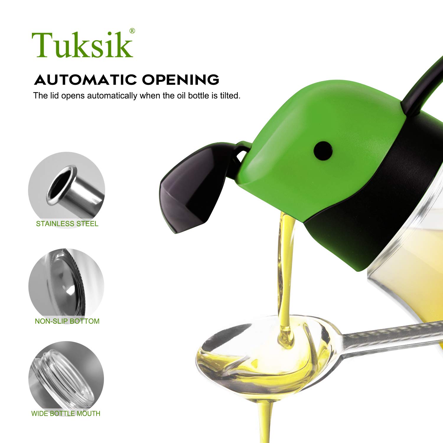 Olive oil dispenser automatic cap 20oz/600ml, glass oil bottle suitable for kitchen, no drip parrot shape design (Green-20oz)