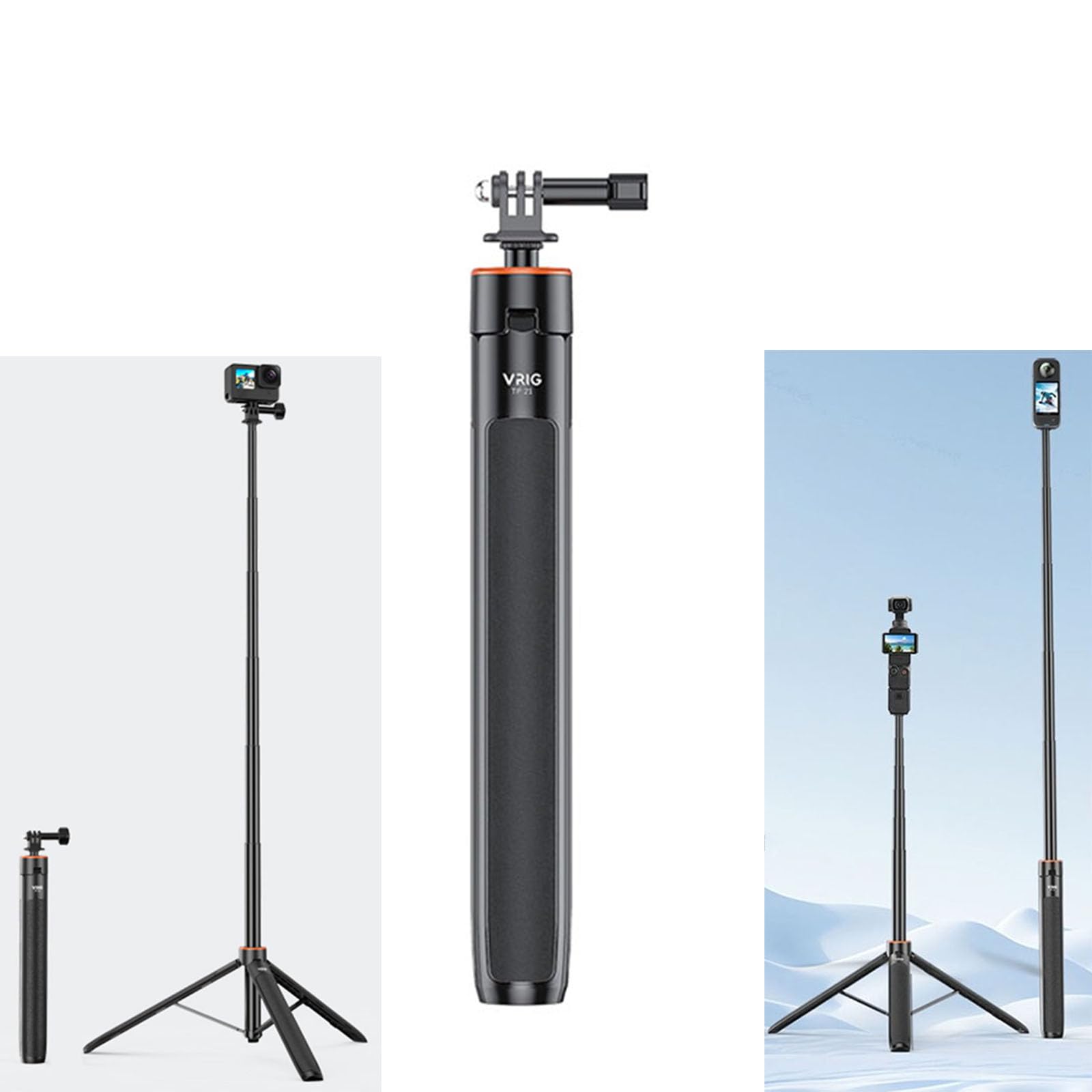 LICHIFIT Extendable Tripod Selfie Stick for DJI OSMO POCKET 3 / Action 4 Length Adjustable 138cm Extension Rod for Insta360 ONE X3 / X2 Action Camera Base Bracket Mount Holder Accessories