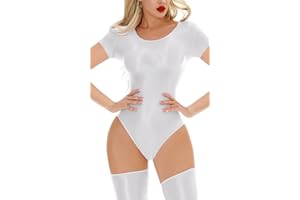 Aivtalk Women Glossy Short Sleeve Bodysuit Leotard One Piece Smooth Oil Shiny Dance Leotard