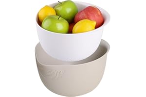 BLUE GINKGO Rice Strainer and Kitchen Colander Set - Strain Rice, Quinoa and Small Grains - Soak, Wash and Drain Vegetables and Fruit - (4 Quart Bowl) Cream and Limestone