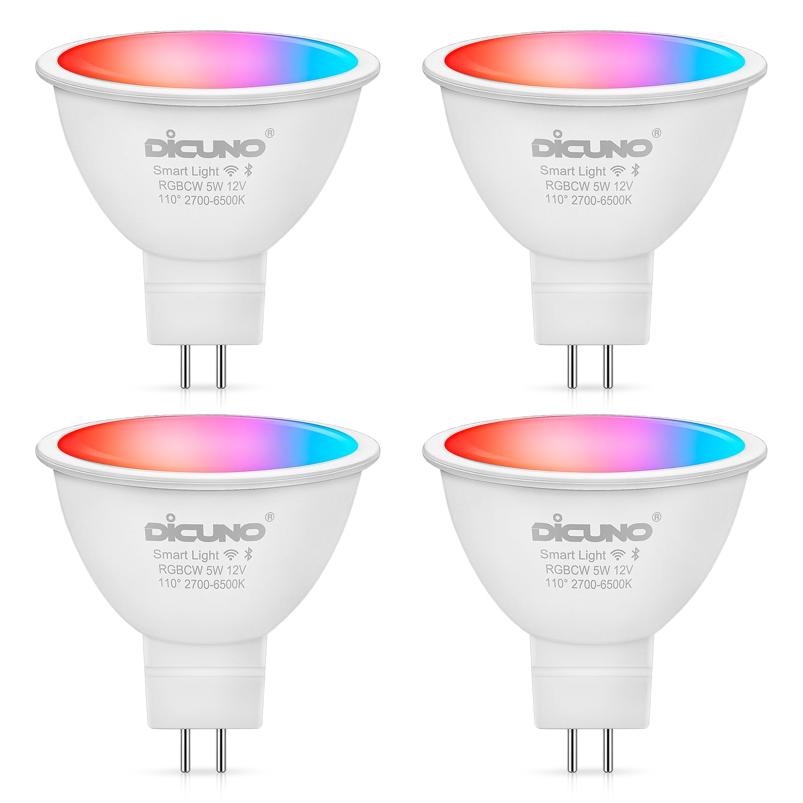 DiCUNO MR16 Smart Bulb 5W, GU5.3 LED WiFi Light, AC/DC 12V, 40W Equivalent, Compatible with Alexa, Google Home, Tunable White 2700K-6500K, Colour Changing Spotlight, 320LM, 4 Pcs