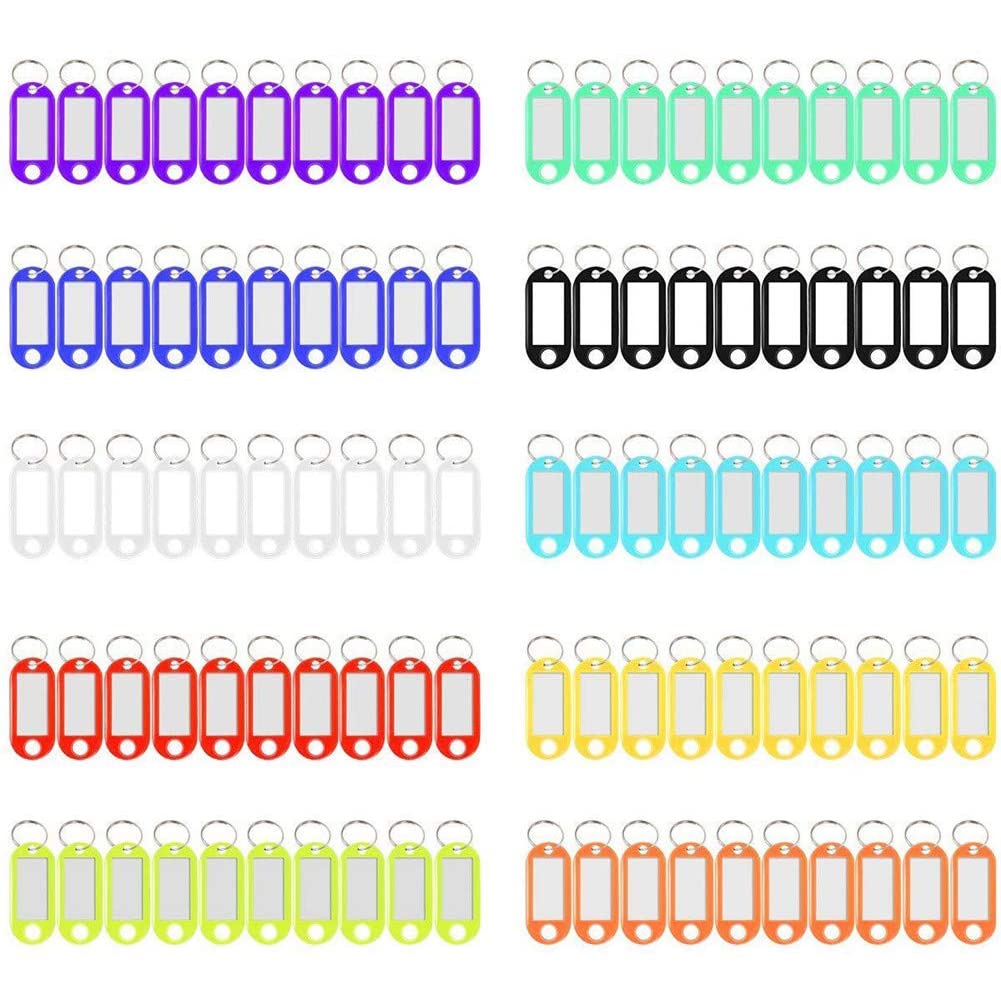 Qincling 100 PCS Key Tags, Keyring Tags Key Labels Plastic Key Fobs Id Tags Key Rings Name Tags Luggage Id Labels with Labels Split Ring Keyring