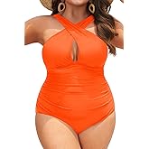 Daci Womens Front Cross Plus Size One Piece Swimsuits Tummy Control Keyhole Bathing Suits Swimwear