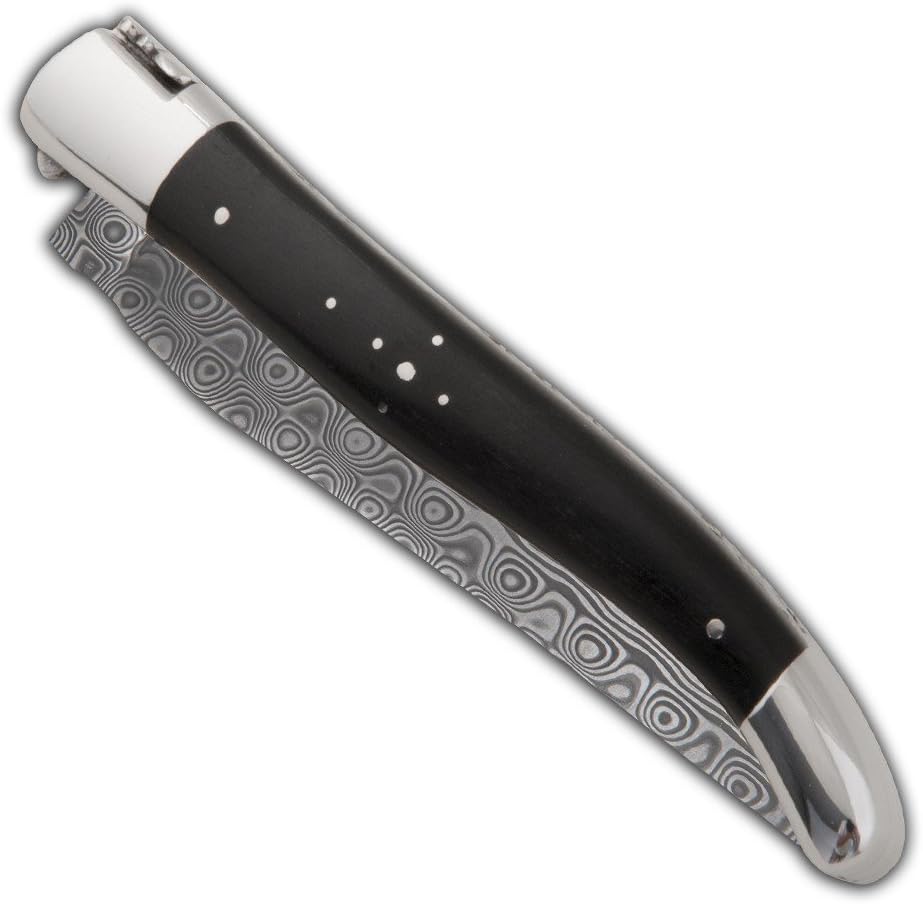 Laguiole knife Ebony wood handle, spring and plates fileworked, Damascus blade - Direct from France