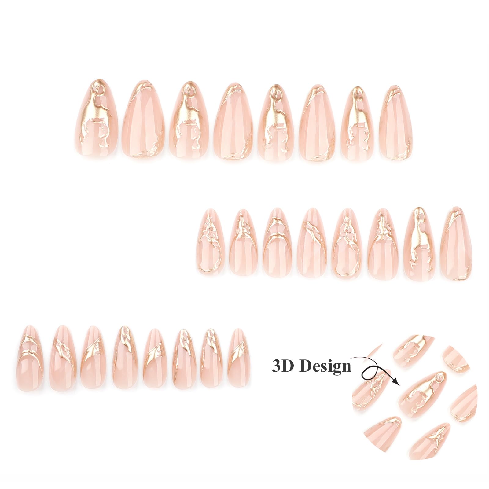 MISUD Press on Nails Medium Almond Fake Nails Glossy Glue on Nails 3D Gold Chrome Acrylic Nails Stiletto Artificial Nails Bling Stick on False Nails with Design 24 pcs - Image 3