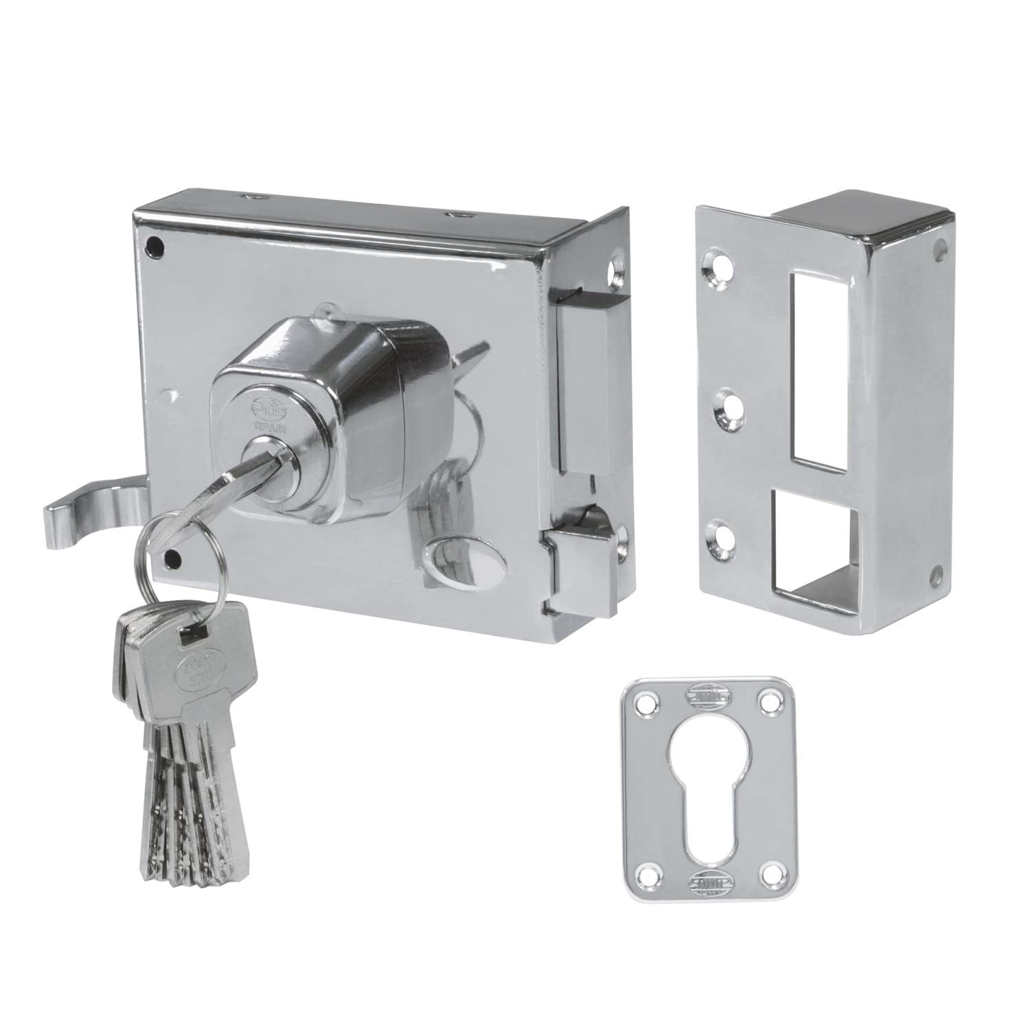 Amig - Folding Lock Right with Lever Lock, Tongue and Handle for Wooden Doors, Model 73, 100 x 85 mm, Lock with Euro Profile Cylinder, Steel Silver