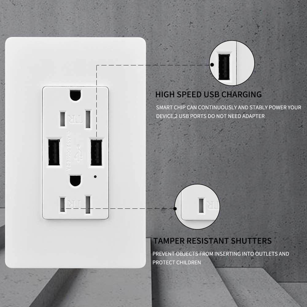 USB Outlet, 5 Pack 15 Amp Tamper Resistant Wall Outlet with Dual 4.2A High-Speed Charging USB Port, Double Wall Panel Included, UL Listed, White: Home Improvement
