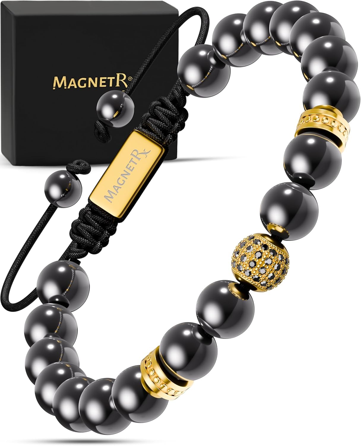 MagnetRX® Magnetic Hematite Bracelet – MAX Strength Magnetic Stones – Beaded Magnetic Bracelets for Men and Women (Gold Zeus 8mm Bead)