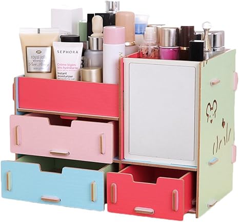 Amazon ドリーマー Diy コスメボックス 木製 組み建て バニティーケース 可愛い ドレッサー 多機能 引出し式 卓上収納 小物入れ 基礎化粧品収納 仕分け 美容 化粧道具 おしゃれ テーブル プレゼント ギフト メイクアップ 鏡 ミラー付き カラフル 収納用品