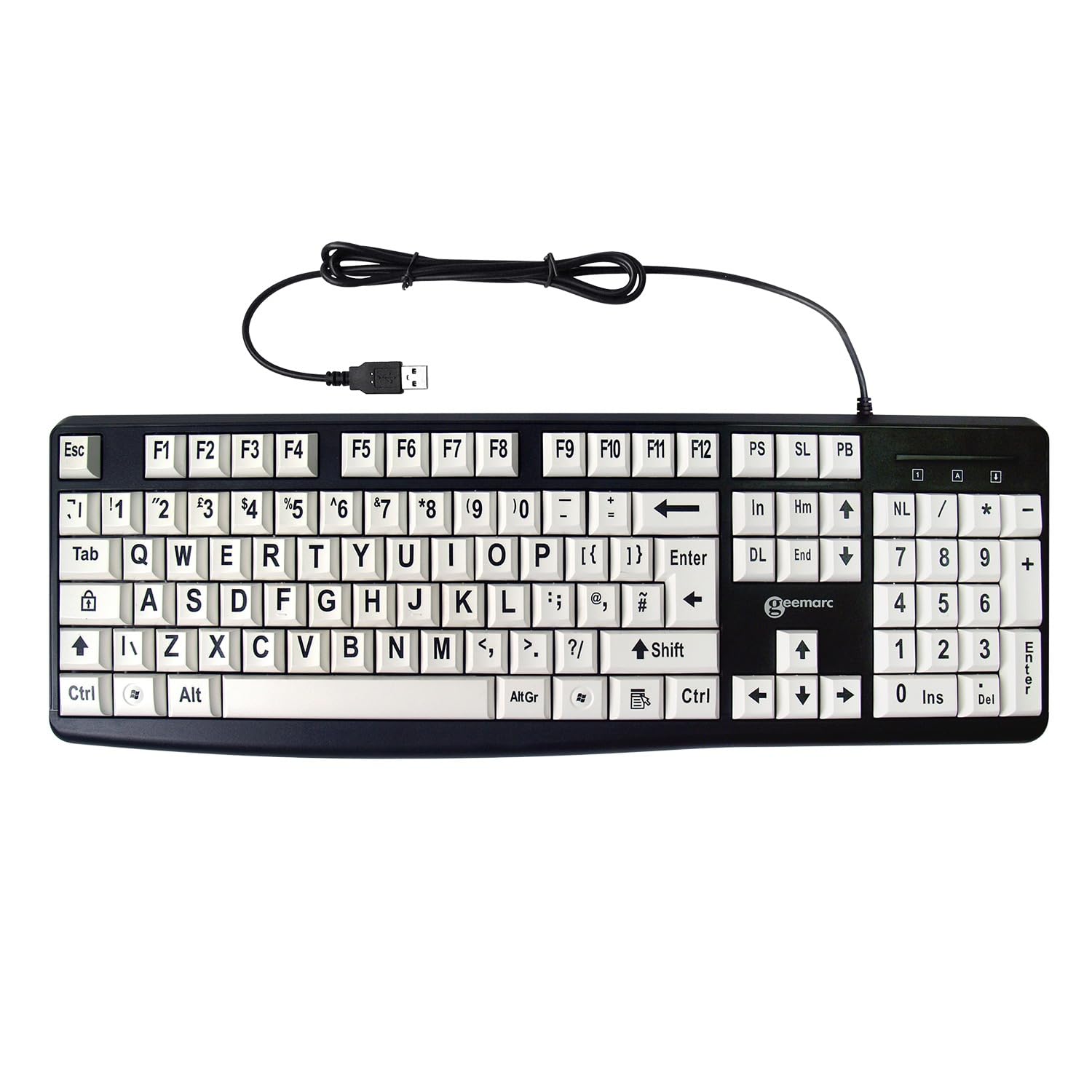 Geemarc Wired Alphanumeric USB computer keyboard with Large Black Lettering and White Keys, High-Contrast Design for People with Low Vision, Compatible with Windows XP/Vista/7/8/10 – UK Version