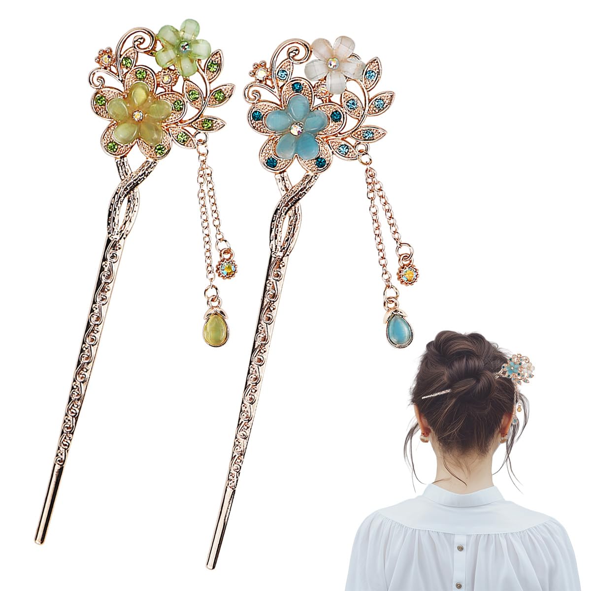 FERCAISH 2 Pieces Opal Flower Hair Sticks, Chinese Flower Hair Chopsticks, Metal Vintage Haarstab, Elegant Tassel Hair Pins, for Women, Girls, Party, Stylist (Blue+Green)