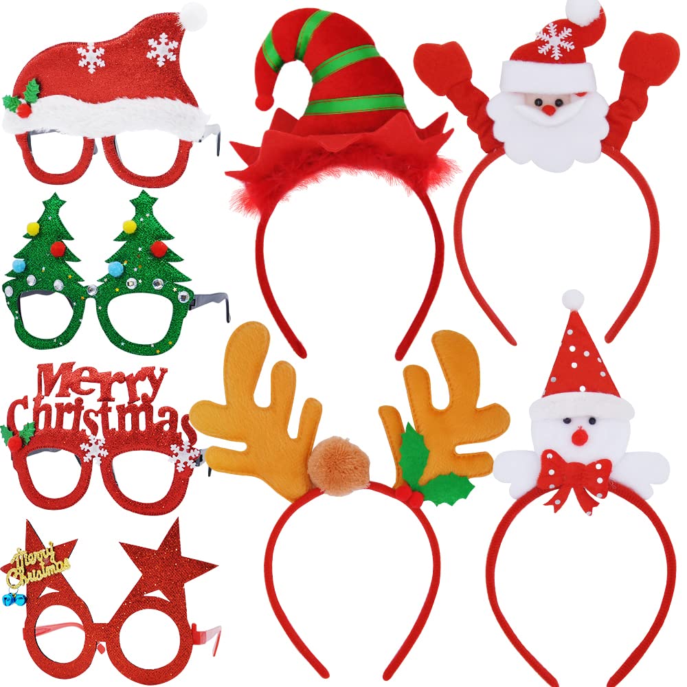JOYIN 8 Pcs Christmas Headbands & Glasses Party Set, Christmas Funny Sunglasses and Hat Headwear for Xmas Holiday Parties, Favors, Photo Booth Props (One Size Fits All)