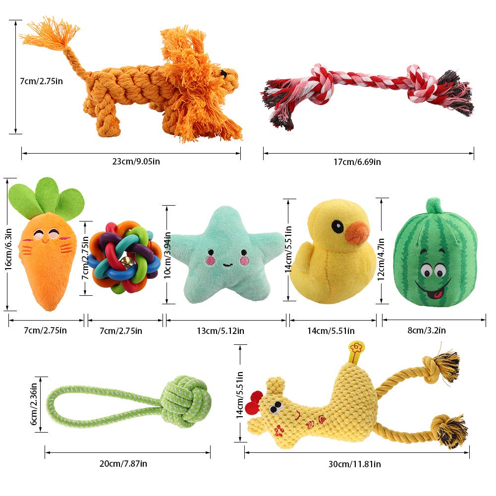 Dog Toys for Aggressive Chewers, Puppy Chew Toys - 100% Natural Cotton Rope Teething Toys - Squeak Toys - Dog Balls - Plush Dog Toy - Tug of War Ball - Toys for Small Pet Dogs 9 Pack Gift Set