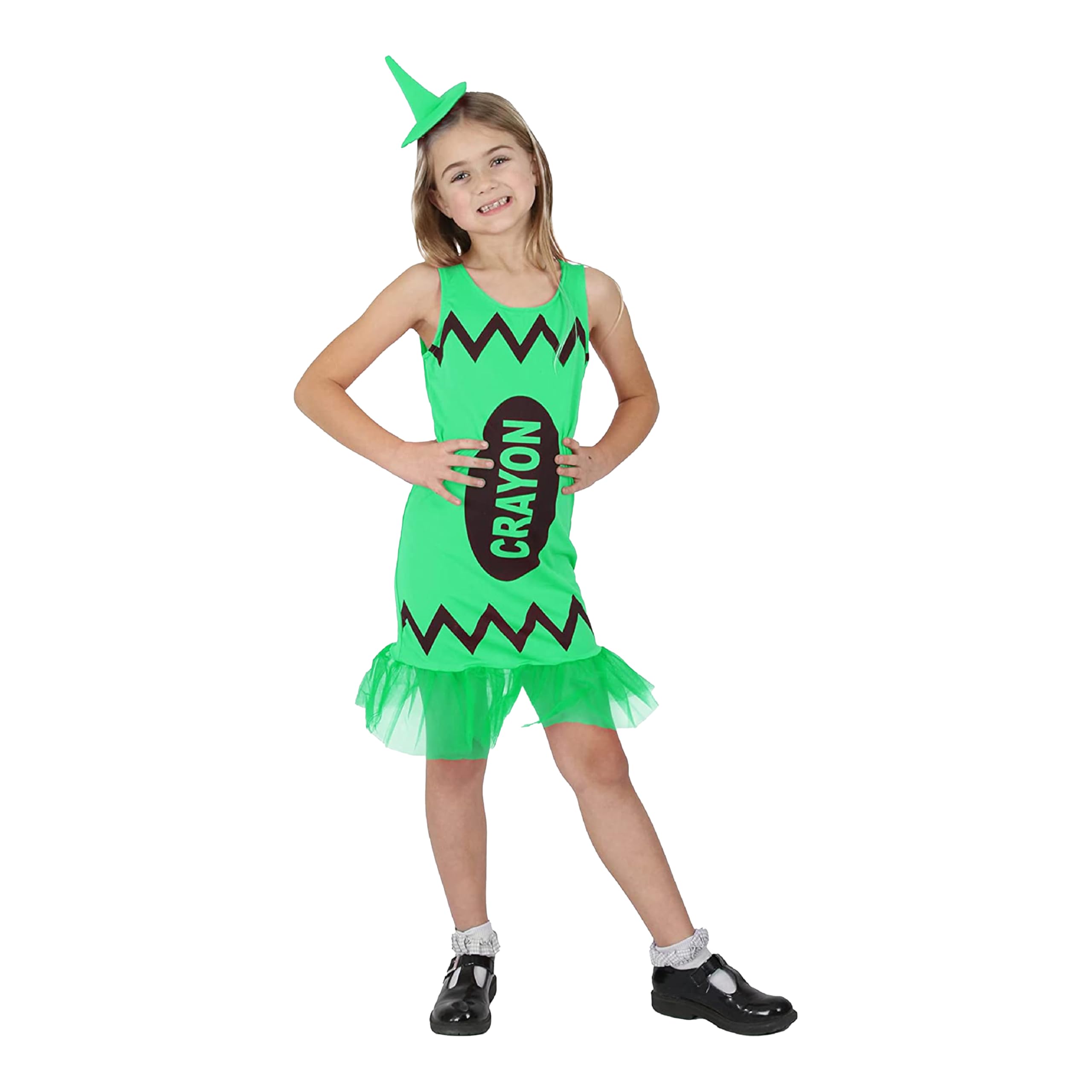 Kids Crayon Costume - Small - Bright Green Dress with Tutu Trim and Matching Pointed Hat - Childs Girls Glitz & Glitter School Book Week World Book Day Fancy Dress Costume