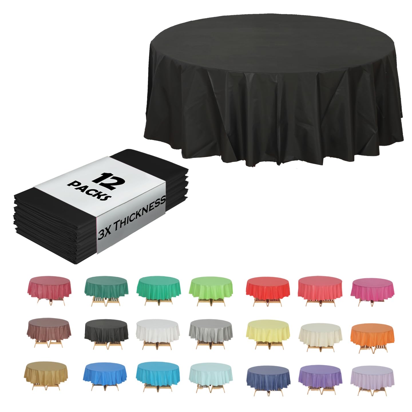 Evershine (Round 210cm, Black) - (12-pack) Heavy Duty Plastic Table Covers Tablecloth (Reusable) (Round 210cm, Black)