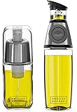 DWËLLZA KITCHEN Olive Oil Dispenser and Oil Sprayer for Cooking Set – Premium Oil Mister Sprayer 6 OZ and Glass Oil Bottle 17 OZ with Measurements and Drip-Free Spout Stainless Steel