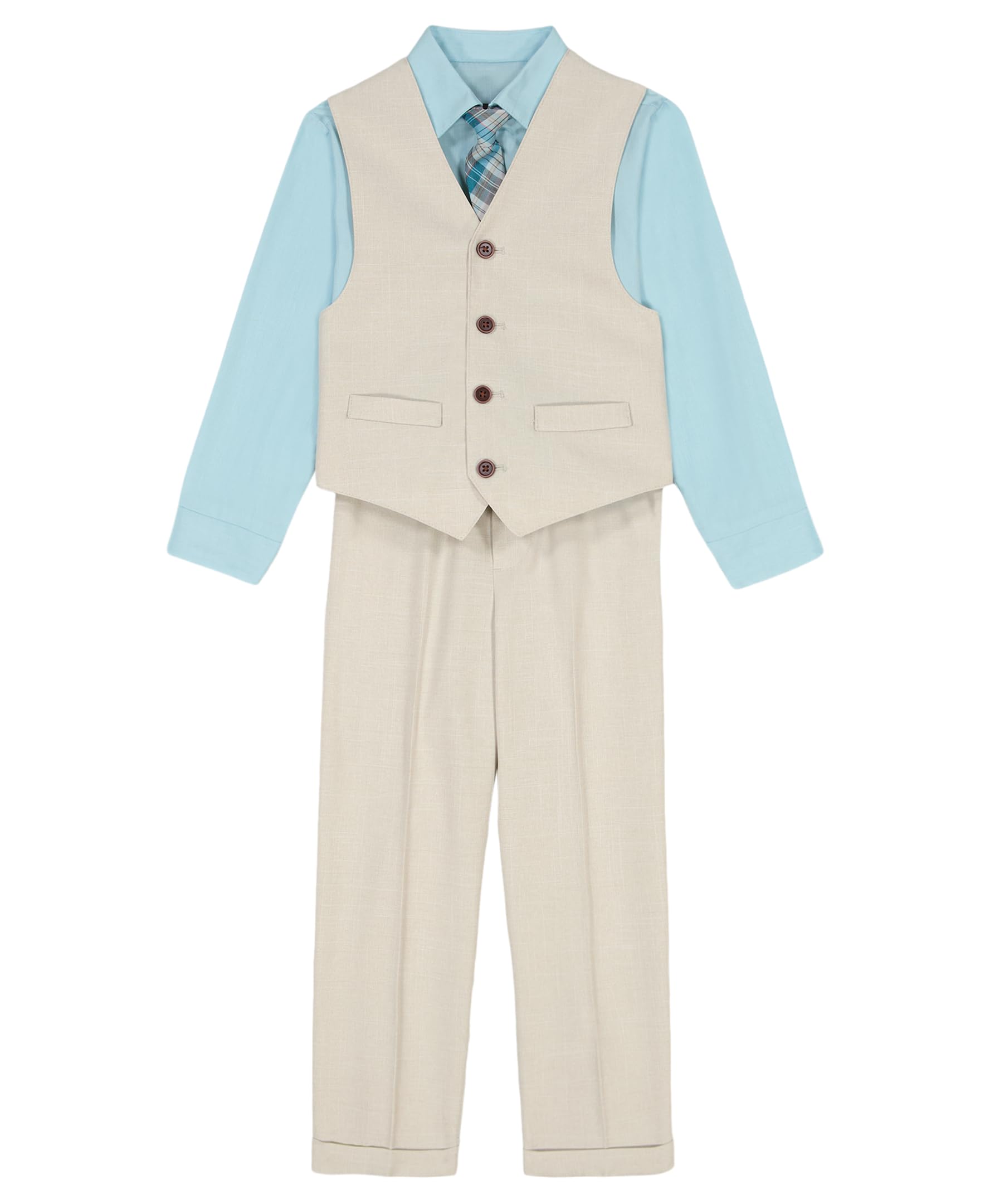 Van Heusen Boys' 4-Piece Formal Suit Set, Vest, Pants, Collared Dress Shirt, and Tie, Light Khaki/Green, 10 Image Van Heusen Boys' 4-Piece Formal Suit Set, Vest, Pants, Collared Dress Shirt, and Tie, Light Khaki/Green, 10 Image
