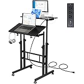 Hadulcet Mobile Standing Desk with Charging Station, Adjustable Standing Computer Desk, Standing Adjustable Laptop Cart with Wheels for Home Office Classroom Black